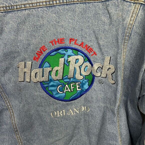 Vintage Hard Rock Cafe Orlando Unisex XL Blue Denim Bomber Jacket Music Flawed - Picture 3 of 16
